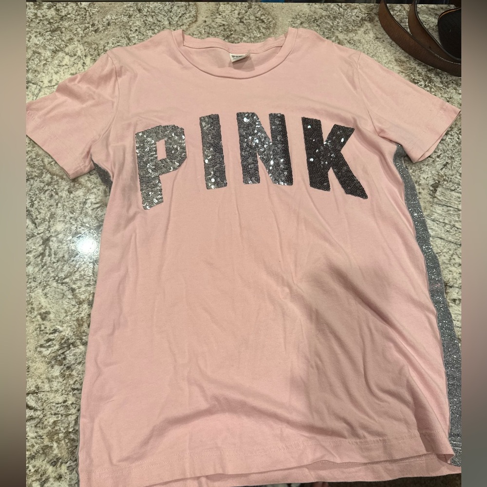 Pink Women’s T-Shirt with Sequin Lettering